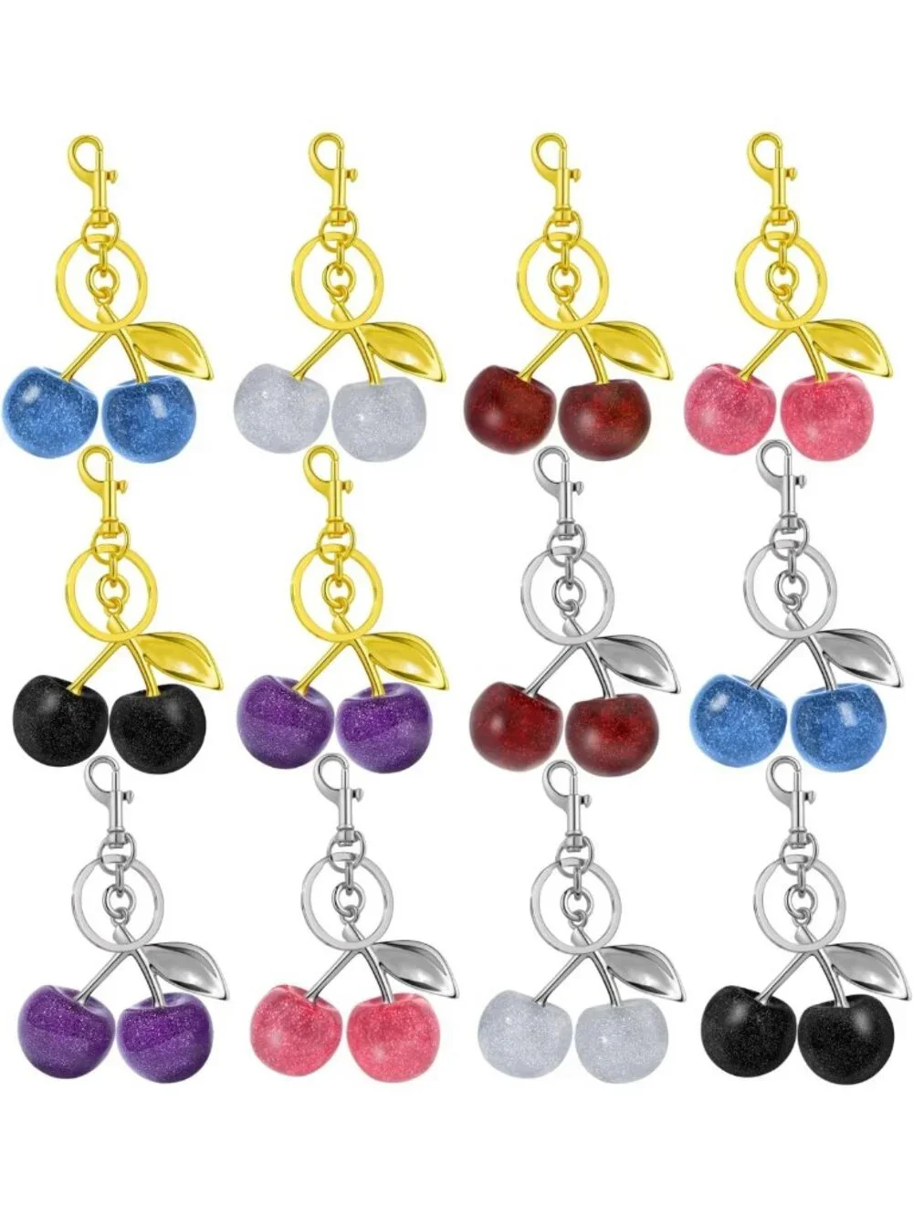 12 Cherry Bag Charms Set, Bling Gold & Silver Keychains for Bags & Accessories